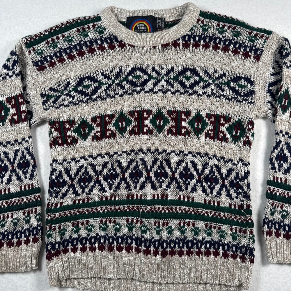 Vintage New Era Kids Fair Isle Sweater Made in USA Knit Crewneck Size 16-18 - Picture 3 of 8